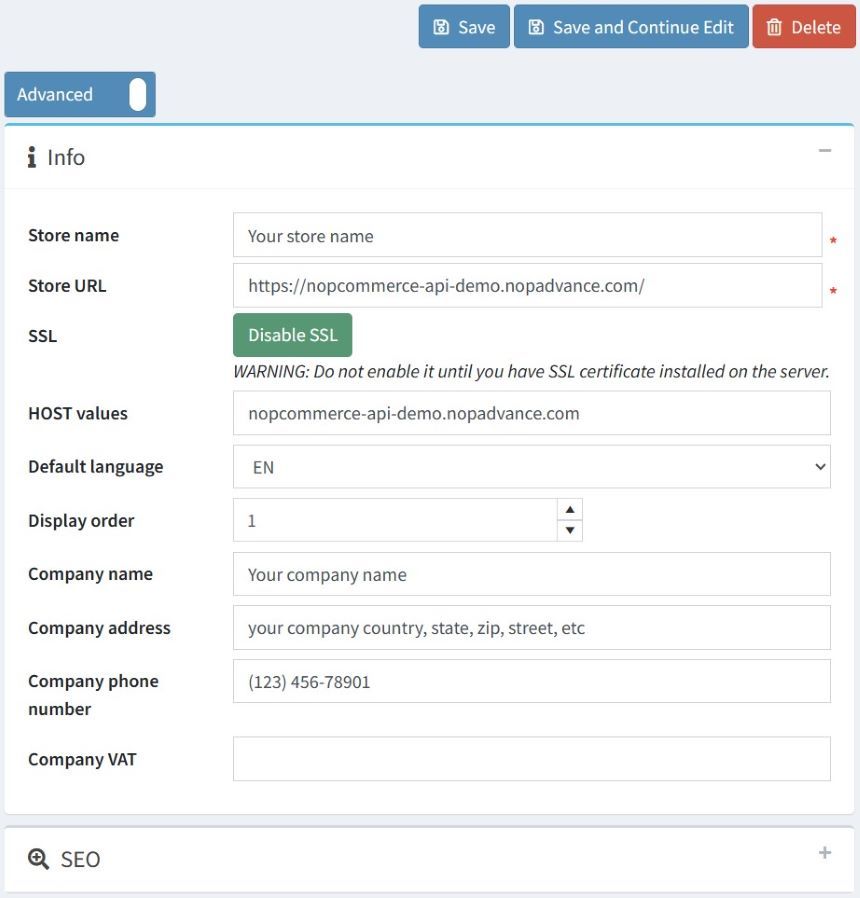 nopcommerce store edit screenshot under public api plugin user guide for nopadvance